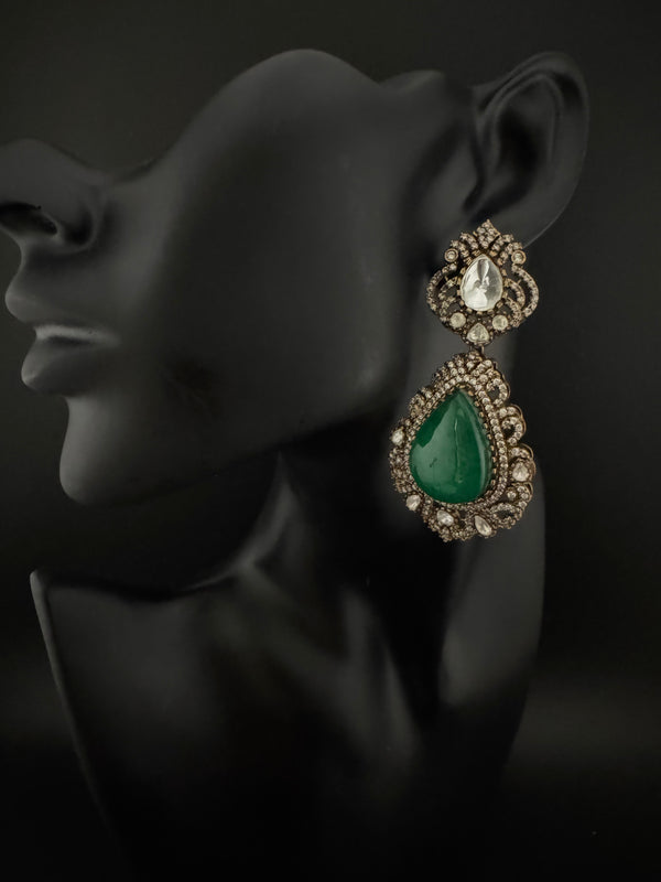 Green and Gold Kundan, Doublet Stone Chandelier Long Earrings, Bridal, Moissanite, CZ, Designer jewelry