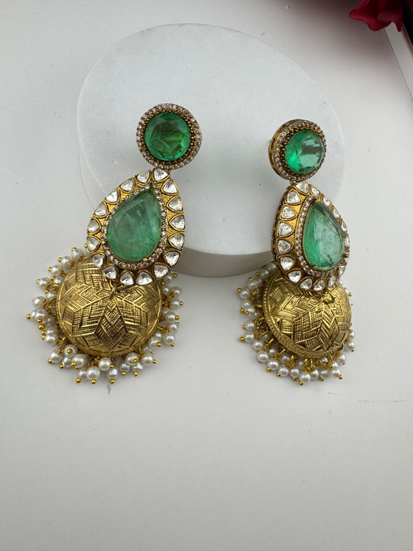 Amrapali Inspired Kundan, Doublet Stone, Pearls Long Jhumka Earrings, Matt Gold Designer Jewelry
