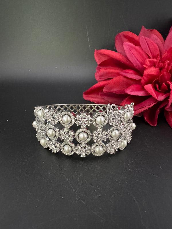 Openable Designer bracelet with Pearls, crystal stones, CZ Nano setting, Fits size upto 2.6"