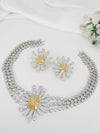 Swarovski Crystals and CZ Diamond star burst Necklace Set, White Gold Plated set