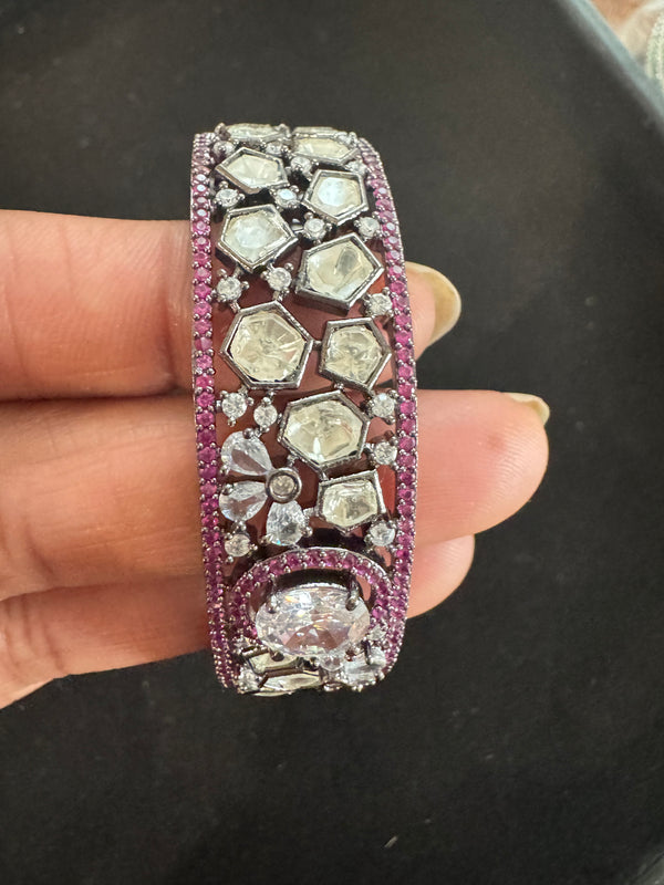 Uncut Kundan, Crystal Stone, CZ, Openable Bracelet Bangle, Victorian Polish