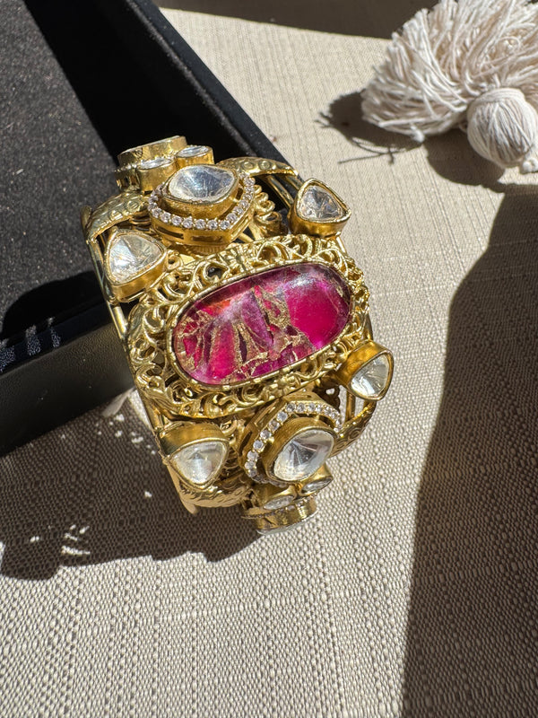 Amarapali inspired Moissanite Kundan, CZ, Stone Cuff Bracelet Bangle, Gold Polish (Fits 2.6" wrists)