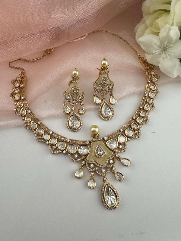 Kundan, Moissanite, MOP, CZ Flexible Gold necklace set, Indian Bridal Jewelry
