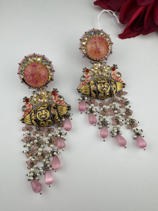 Matt Gold, kundan, Doublet stone, Pearls ChandBali Very long Earrings, Amrapali designer jewelry