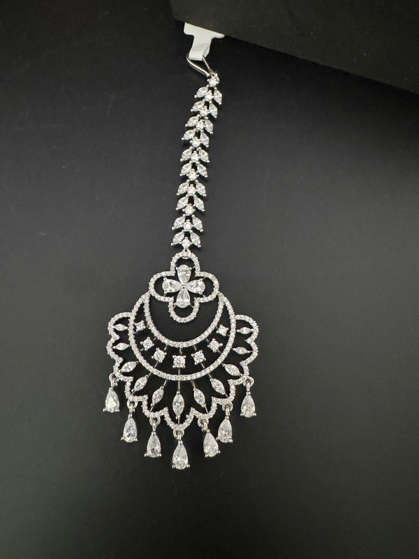 Silver Cubic Zirconia/Diamond Tikka, Indian Maang Tikka, Headpiece, Bridal jewelry