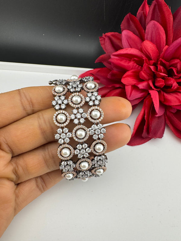 Openable Designer bracelet with Pearls, crystal stones, CZ Nano setting, Fits size upto 2.6"