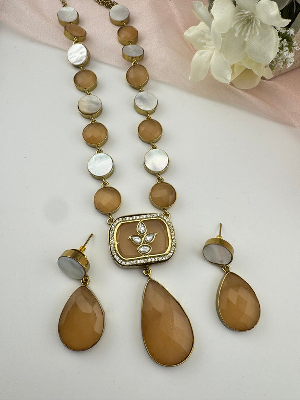 Kundan, CZ, MOP, Stone inlay Long Golden necklace set, Rani haar, everyday wear jewelry