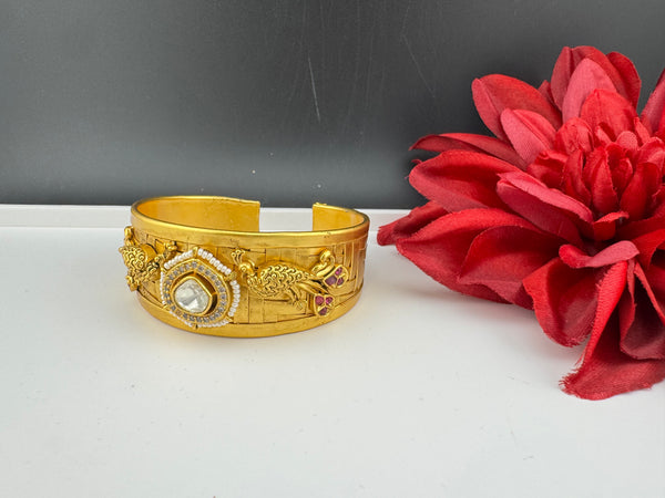Moissanite Kundan, CZ, pearl Peacock Cuff Bracelet Bangle, Gold Polish Bangle (Fits 2.6" Diameter)