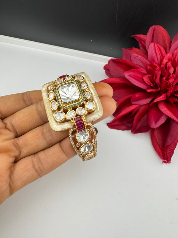 Ruby Green Moissanite Kundan, MOP, CZ Adjustable Bracelet Bangle, Gold Polish (Fits size 2.6")