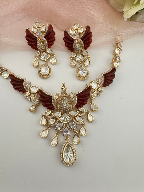 Kundan, Moissanite, Red MOP, CZ Flexible Peacock Gold necklace set, Indian Bridal Jewelry