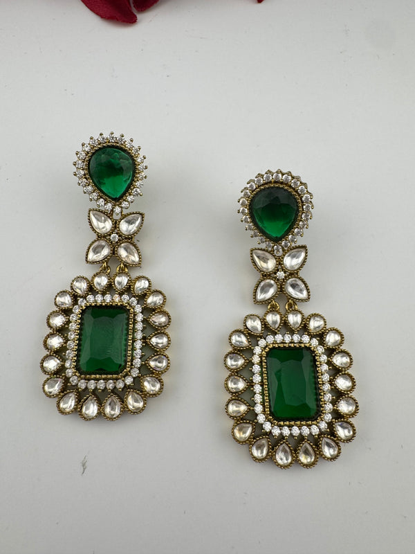 Green and Gold Kundan, Stone Chandelier Drop Earrings, Bridal, Moissanite, CZ, Designer jewelry