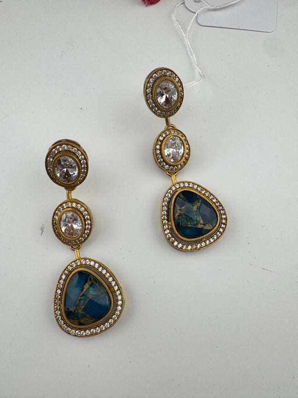 Kundan, CZ, Gold, Marble Stone Long Earrings, Bridal, Moissanite, CZ, Designer jewelry