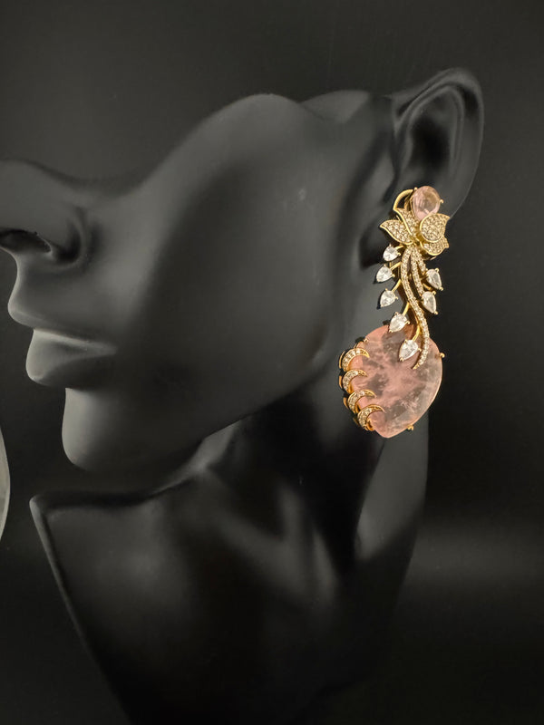Pink and Gold, Doublet Stone Chandelier Drop Earrings, Bridal, CZ, Designer jewelry