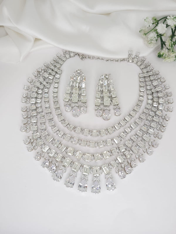 Swarovski Crystals and CZ Diamond multi Layer Necklace Set, White Gold Plated set
