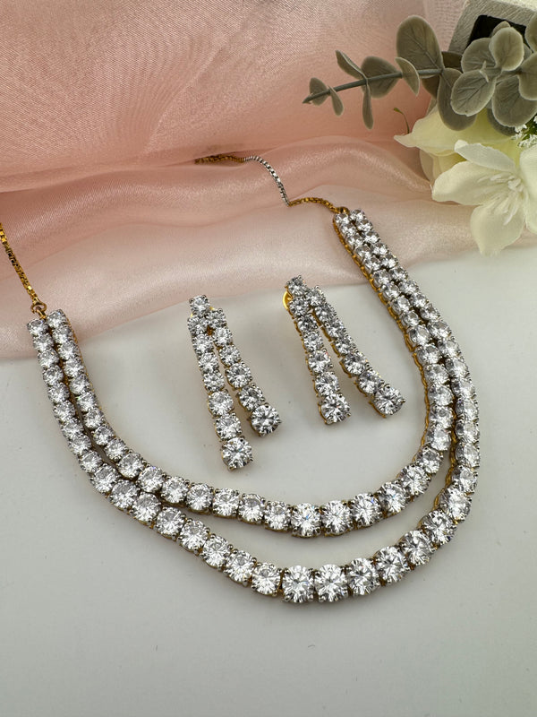 Crystals and CZ Diamond 2 layer gold Necklace Set, Gold Plated Bridal jewelry