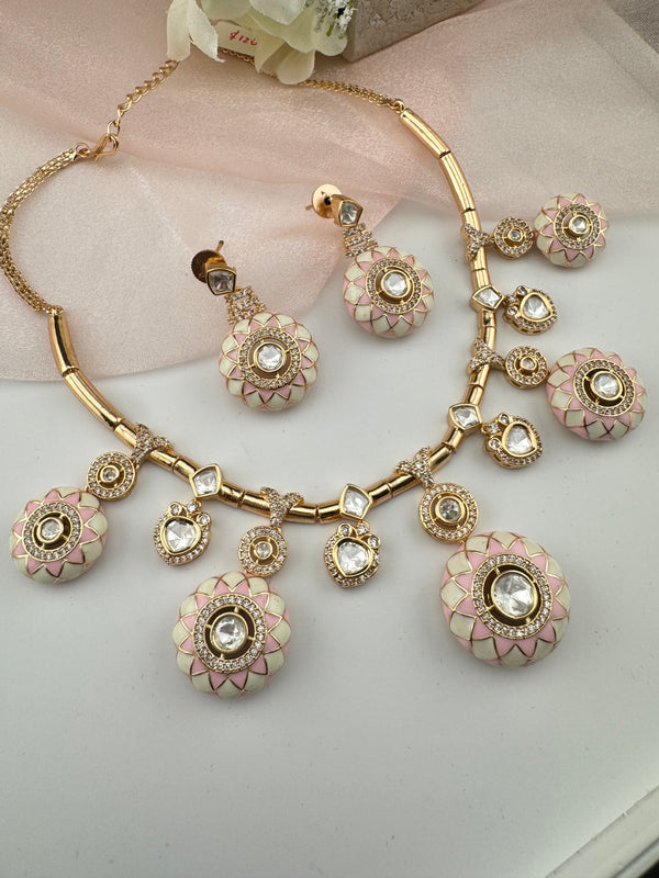 Enamel, Minakari, Kundan, CZ Gold plated Hasli necklace set, Indian Bridal Jewelry set