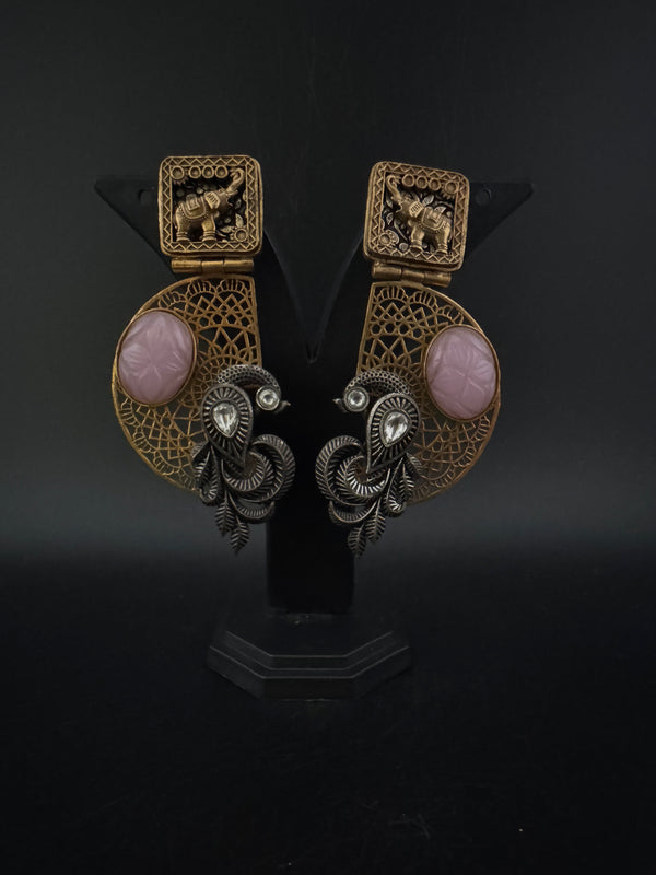 Antique Gold, Oxidized, Carved Stones Chandbali Dangle Earrings, Amrapali inspired Designer jewelry