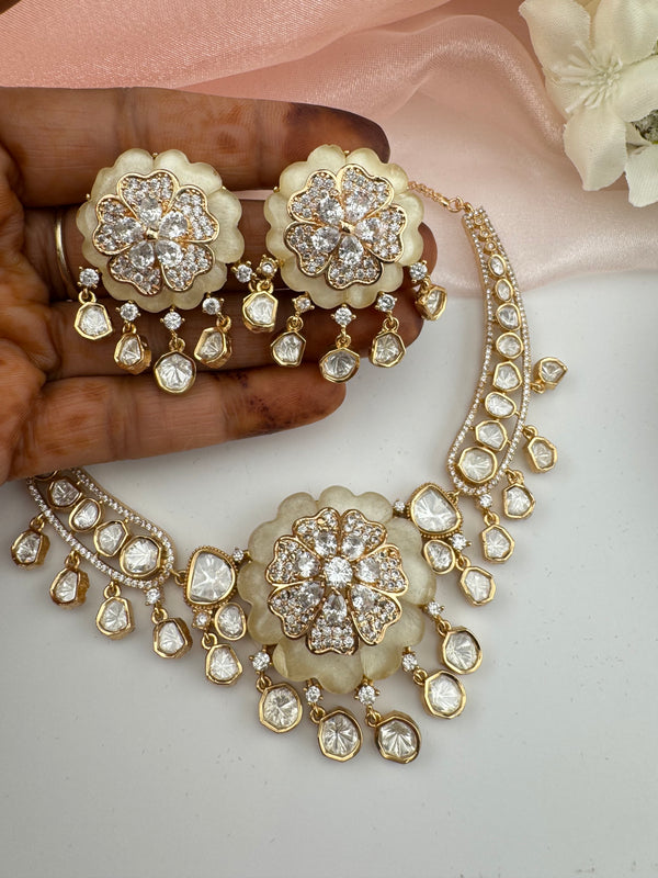 Kundan, Moissanite, MOP, CZ Flexible Gold necklace set, Indian Bridal Jewelry
