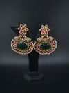 Gold and Green Carved stone, pacchi Kundan, Pearls Chandelier Chandbali Earrings, Bridal Designer jewelry