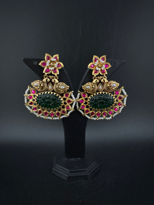 Gold and Green Carved stone, pacchi Kundan, Pearls Chandelier Chandbali Earrings, Bridal Designer jewelry