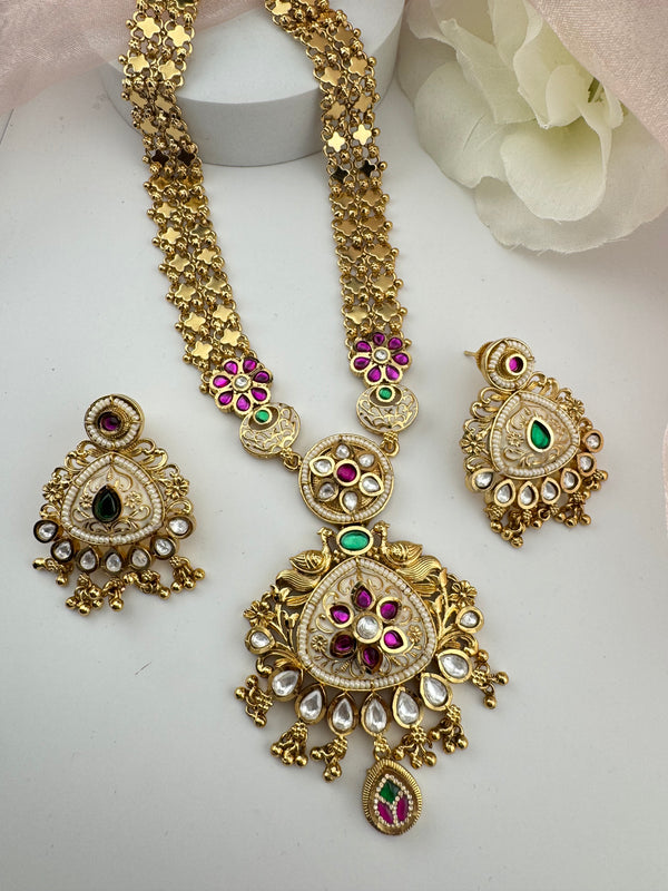 Rajwadi Kundan Enamel Pearl Gold Necklace Set, Indian Bridal Rani Haar