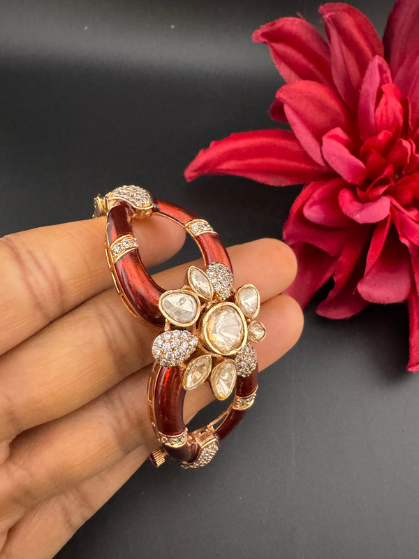 Moissanite Kundan, Enamel, CZ Adjustable Bracelet Bangle, Gold Polish Designer Bangle