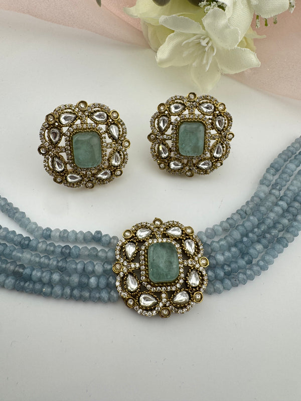 Moissanite Kundan, Hydro beads, CZ, Stones Choker necklace set, Indian Bridal Jewelry, chic set