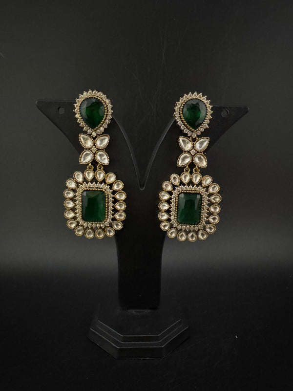 Green and Gold Kundan, Stone Chandelier Drop Earrings, Bridal, Moissanite, CZ, Designer jewelry