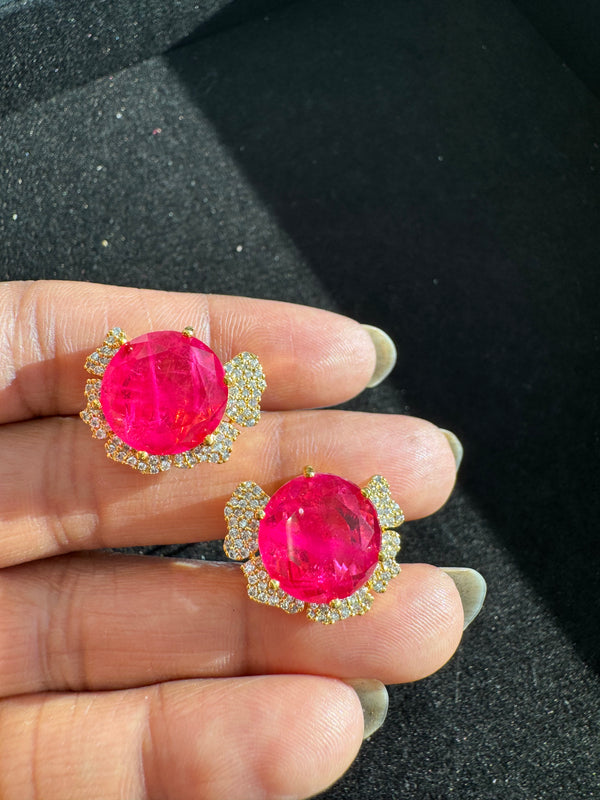 Gold Polish Doublet Stone Stud Earrings, Cubic Zirconia, AD, CZ, Indian Jewelry