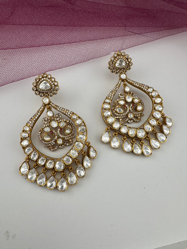Gold with kundan, cubic zirconia chandbali Drop earrings, Indian Jewelry