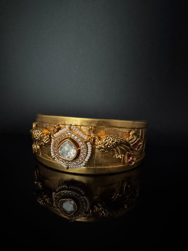Moissanite Kundan, CZ, pearl Peacock Cuff Bracelet Bangle, Gold Polish Bangle (Fits 2.6" Diameter)