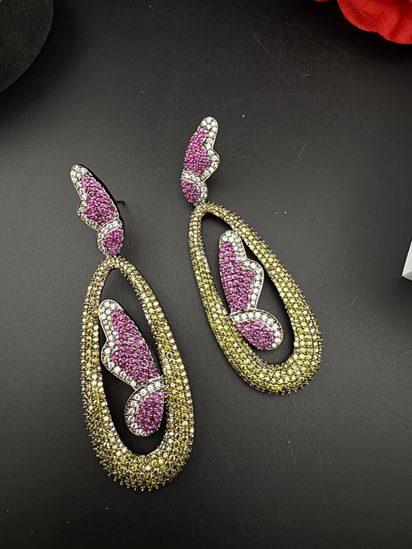 Premium Nano Setting Cubic Zirconia Victorian Long earrings in Butterfly Drop shape, designer Inspired Statement long drop dangle earrings