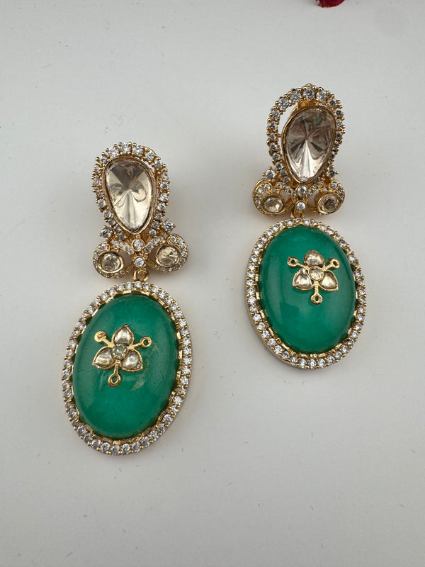 Green and Gold Kundan, Doublet Stone Chandelier Drop Earrings, Bridal, Moissanite, CZ, Designer jewelry