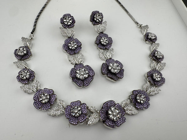 Nano Setting CZ Diamond Statement Necklace Set, White Gold Plated Choker set, nature inspired