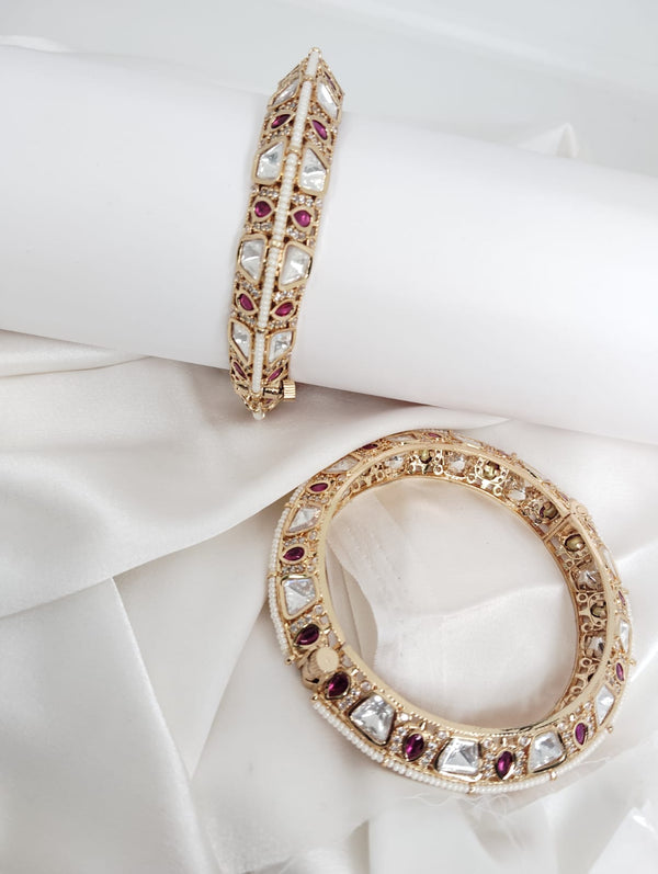 Pearls, Pachi Kundan, Moissanite Kundan, CZ, Openable Bracelet Bangle set of 2, Gold Polish