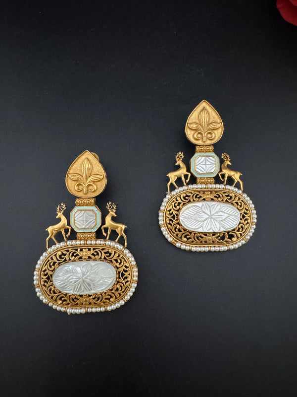 Antique Gold, Enamel, Mother of Pearl Chandbali Dangle Earrings, Amrapali inspired Designer jewelry