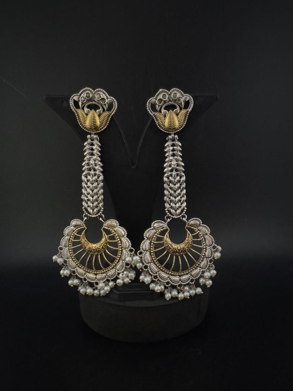 Oxidized Silver and Gold ChandBali Very long Earrings, designer jewelry
