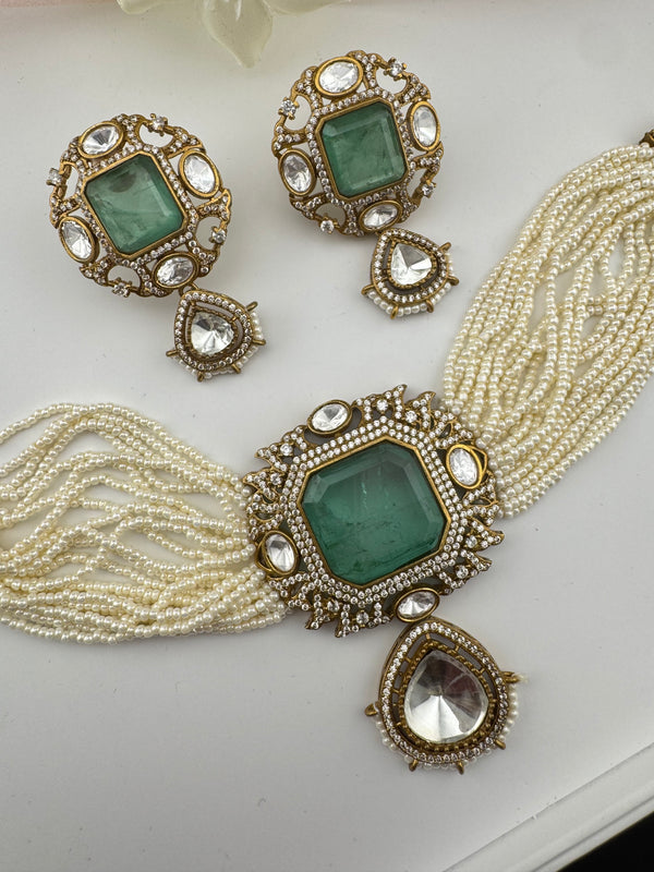 Hydro beads, CZ, Doublet Stones Choker necklace set, Indian Bridal Jewelry, chic set