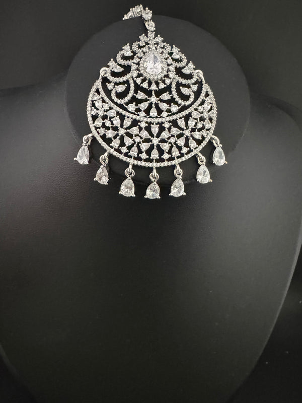 Silver Cubic Zirconia/Diamond Tikka, Indian Maang Tikka, Headpiece, Bridal jewelry