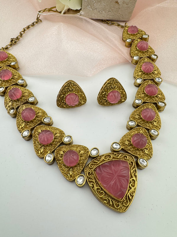 Kundan, Carved Stone, Gold plated necklace set, Indian Bridal Jewelry set