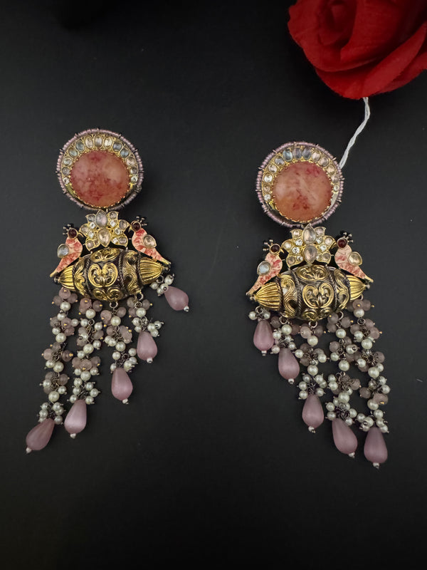 Matt Gold, kundan, Doublet stone, Pearls ChandBali Very long Earrings, Amrapali designer jewelry