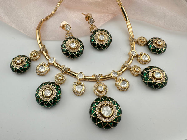 Enamel, Minakari, Kundan, CZ Gold plated Hasli necklace set, Indian Bridal Jewelry set