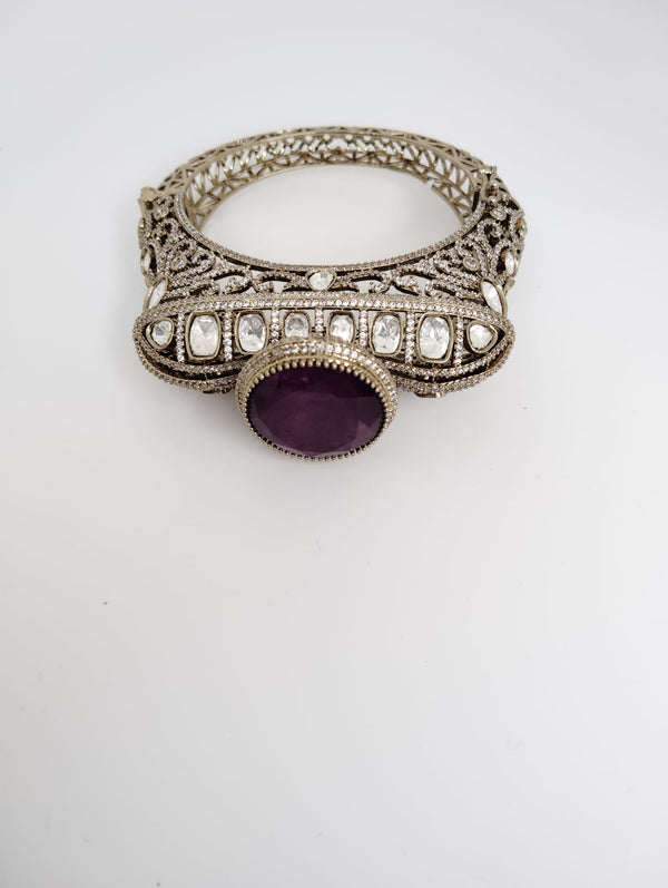 Moissanite Kundan, CZ, Doublet Stone, Openable Designer Bracelet Bangle, Gold Polish (Fits 2.6" wrists)