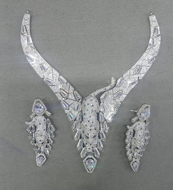 Swarovski Crystals and CZ Diamond All over Jaguar Necklace Set, White Gold Plated set