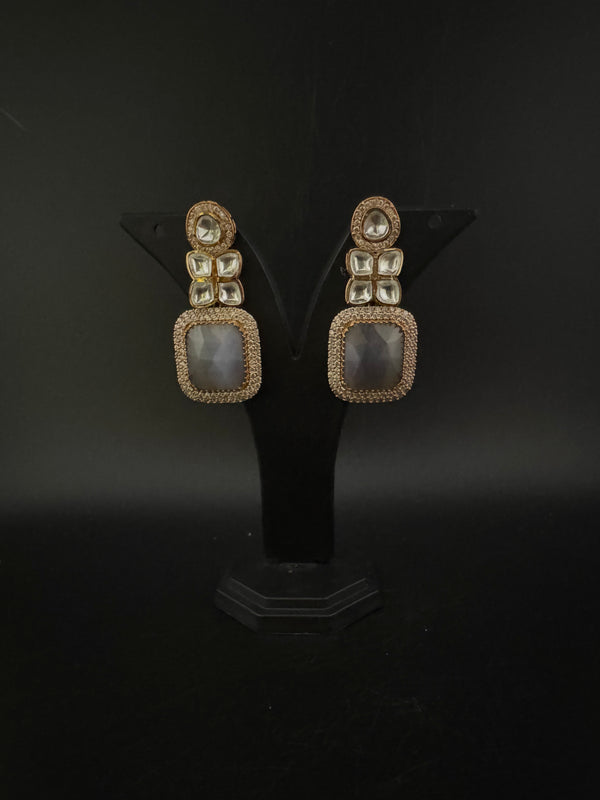 Gray and Gold Kundan, Stone Chandelier Drop Earrings, Bridal, Moissanite, CZ, Designer jewelry