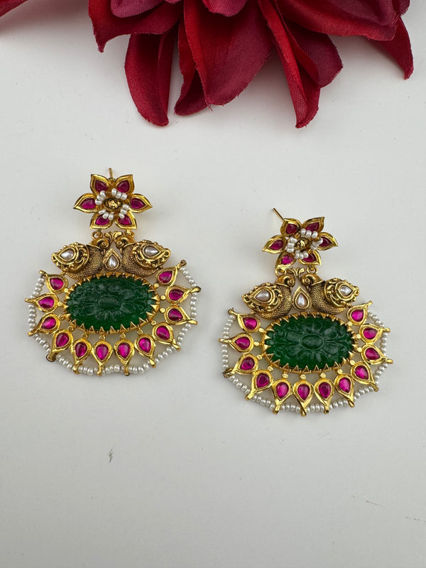 Gold and Green Carved stone, pacchi Kundan, Pearls Chandelier Chandbali Earrings, Bridal Designer jewelry