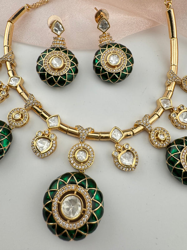 Enamel, Minakari, Kundan, CZ Gold plated Hasli necklace set, Indian Bridal Jewelry set