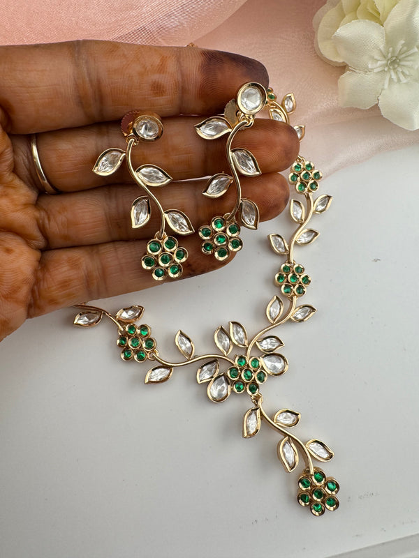 Kundan, Moissanite, stone Sleek Gold flower long necklace set, Indian Bridal Jewelry