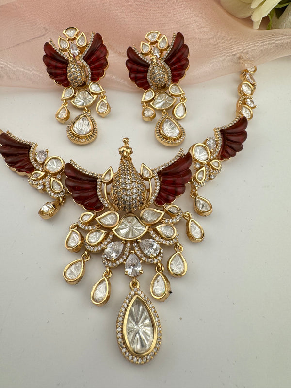 Kundan, Moissanite, Red MOP, CZ Flexible Peacock Gold necklace set, Indian Bridal Jewelry