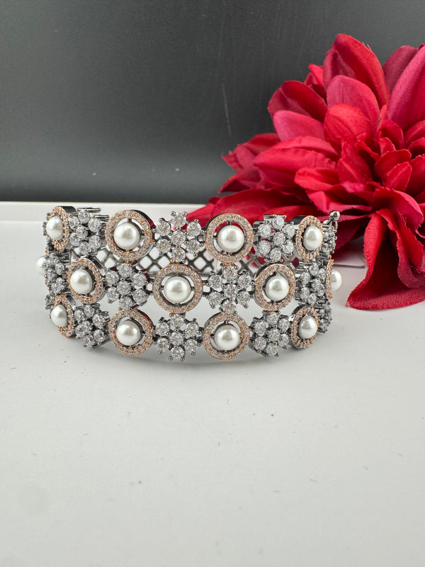 Openable Designer bracelet with Pearls, crystal stones, CZ Nano setting, Fits size upto 2.6"
